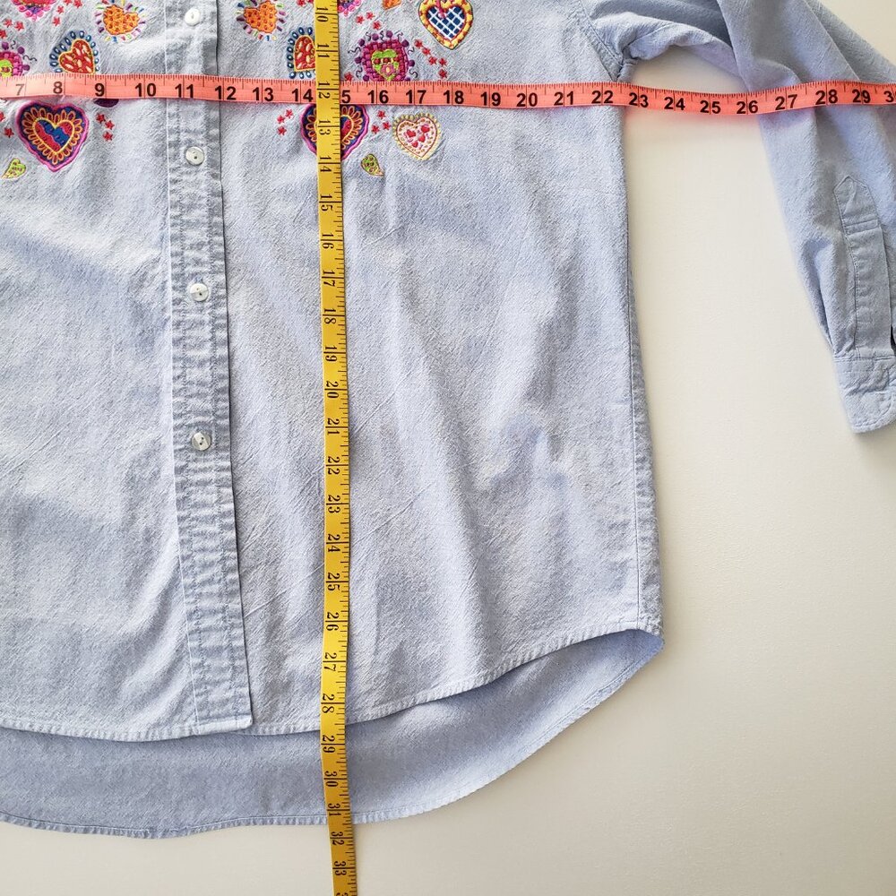 Casey Coleman Size L 100% Cotton Embroidered Hearts Denim Button Down Shirt - Picture 11 of 13